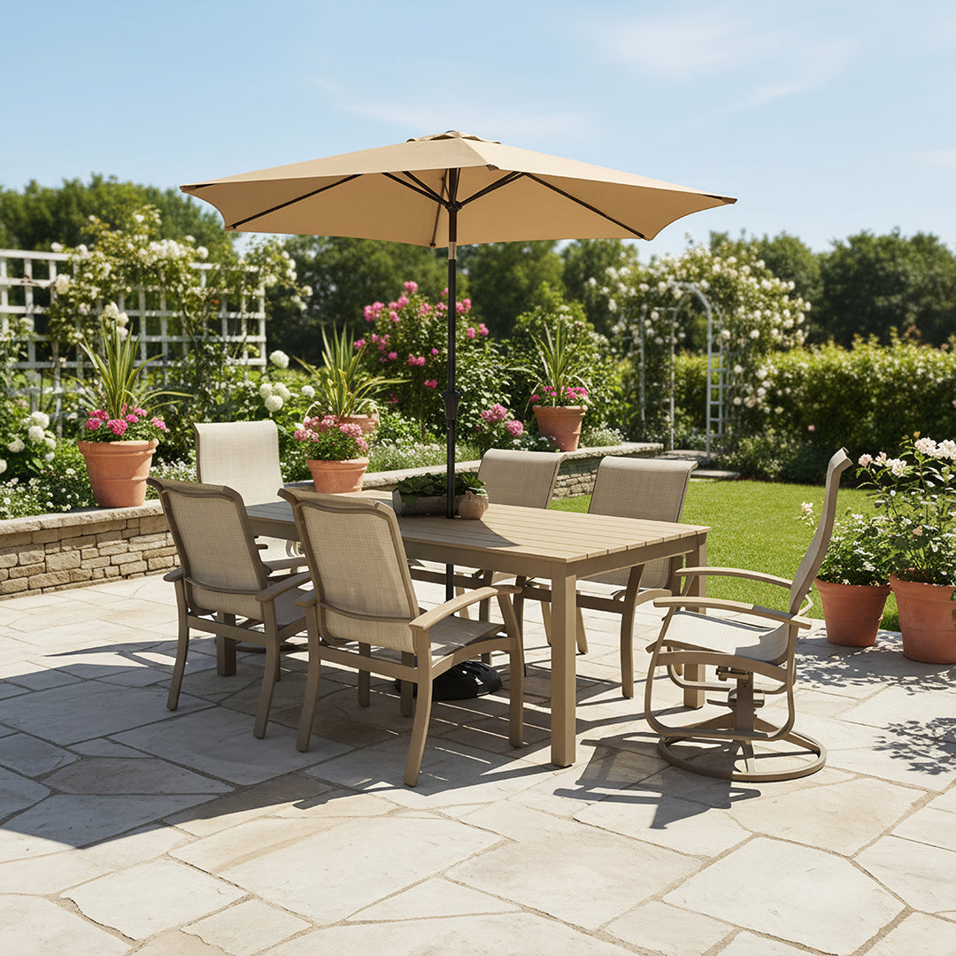 Outdoor patio set with table, chairs, and umbrella