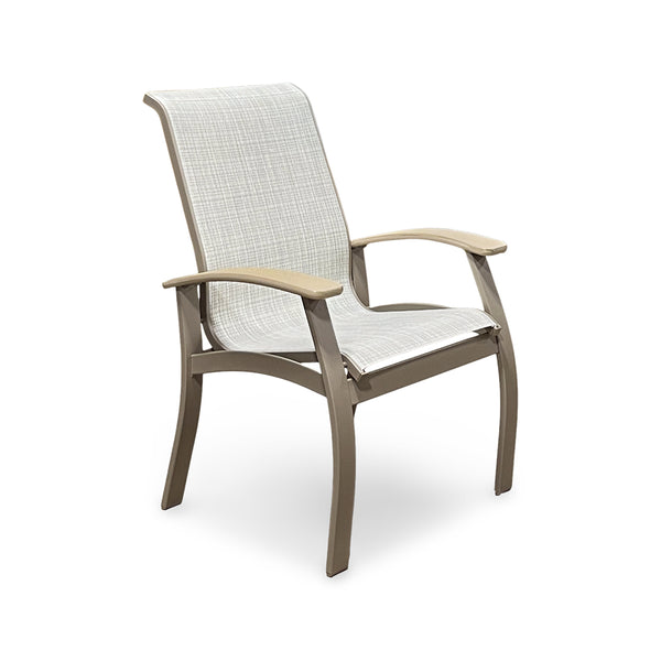 Chair with beige frame and white mesh back and seat on a white background