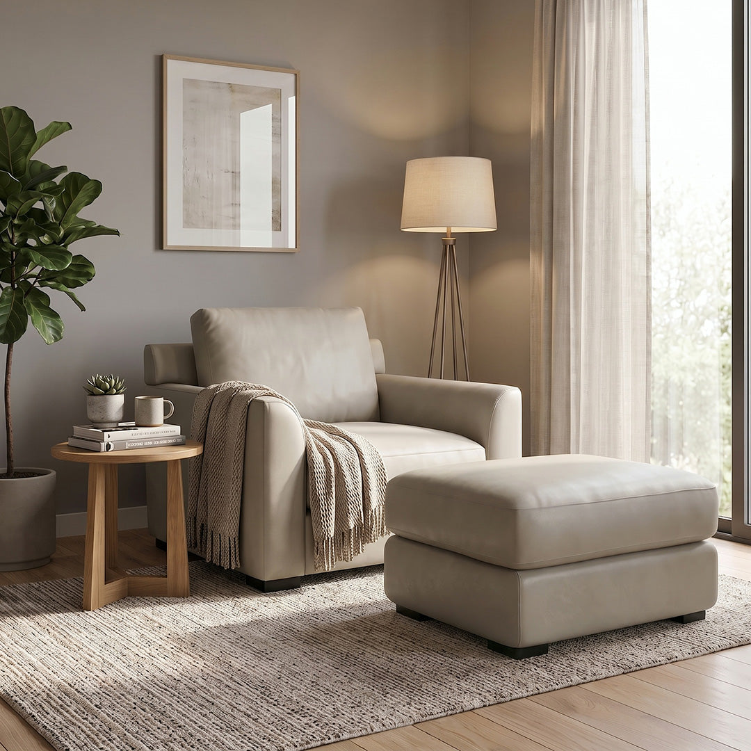 Montreal Leather Chair and Ottoman from GTR Leather in Beige with Pet Friendly, Ottoman