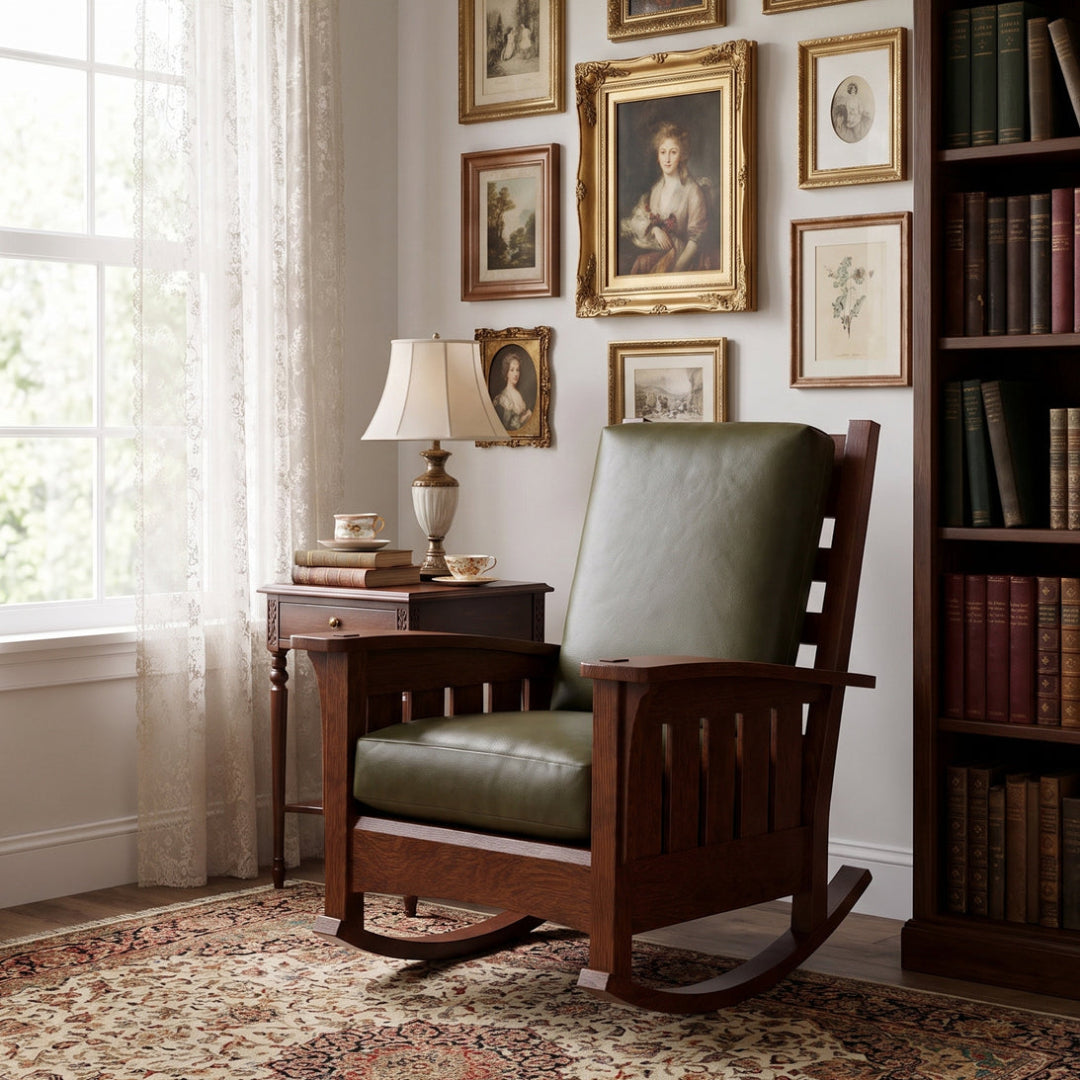 A wooden rocking chair with green leather cushions sits in a styled room next to a window, side table with a lamp, and a bookshelf.