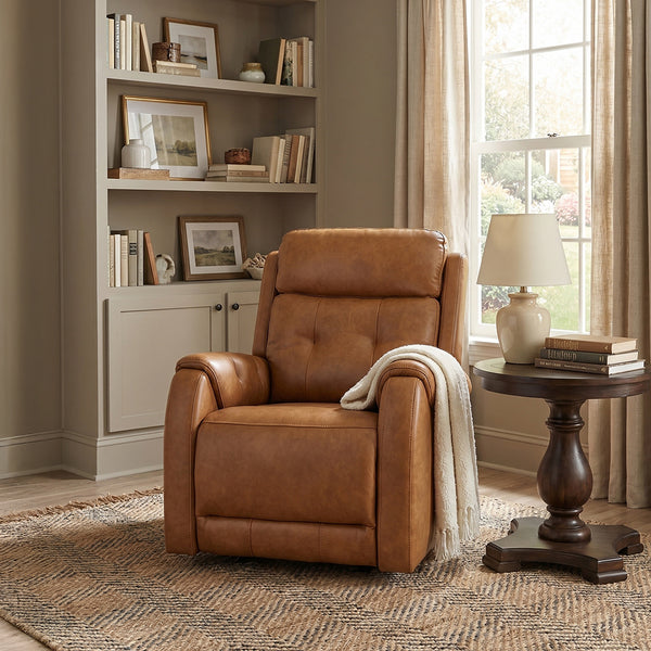 Light brown power swivel glider leather recliner.