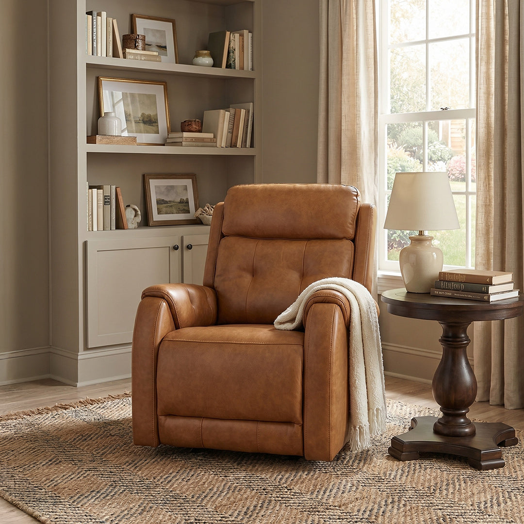 Light brown power swivel glider leather recliner.