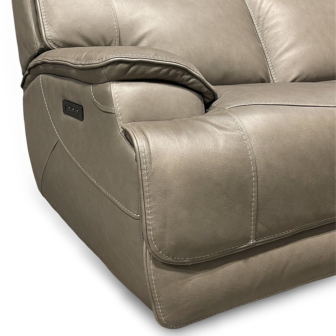 Naples Leather Zero-G Power Reclining Sofa from Cheers in Beige with Drop Down Table, LED Lighting - Reclined position