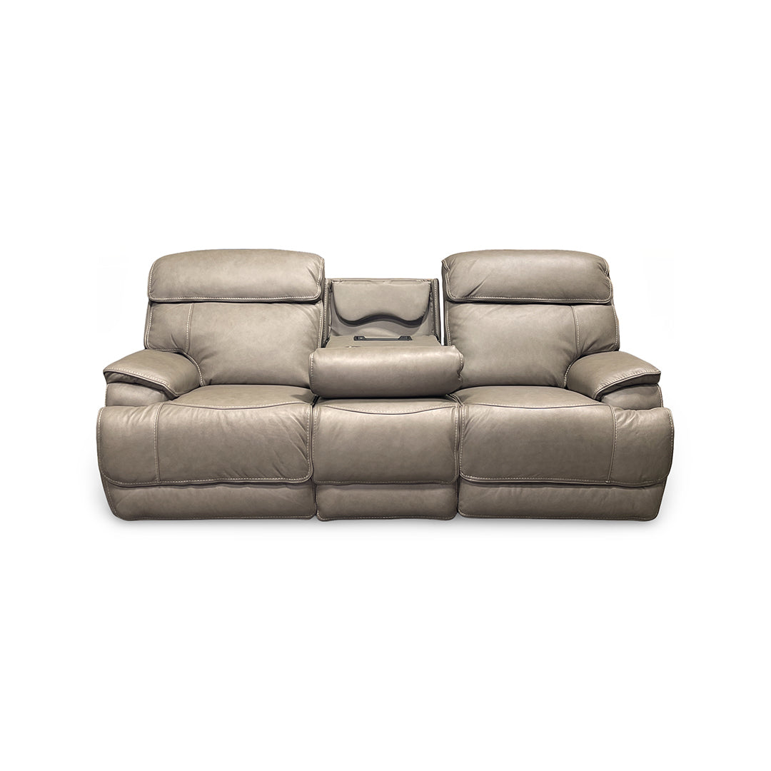 Naples Leather Zero-G Power Reclining Sofa from Cheers in Beige with Drop Down Table, LED Lighting - Reclined position