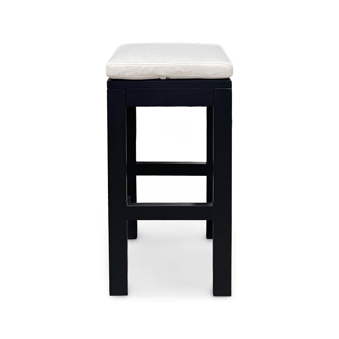 outdoor black barstool with white cushion