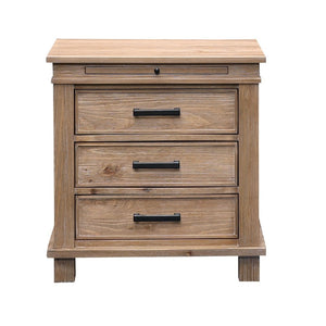 Glacier Point Nightstand. Made from solid reclaimed pine. 3 Drawers with dovetail construction. Top Drawer is felt lined. Pull out tray for extra surface space. USB charging ports. Golden Java Finish.