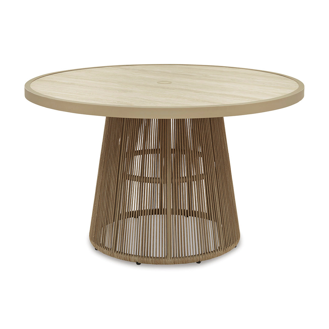 Round table with a light stone top and woven rope base