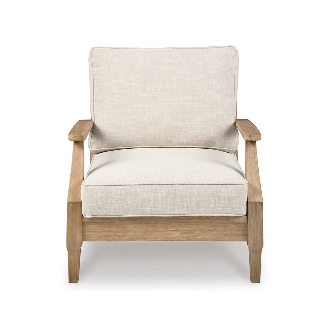 Beige armchair with wooden frame on a white background