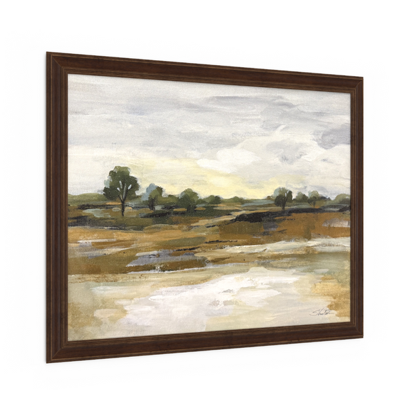 Framed painting of a landscape with trees and fields on a white background
