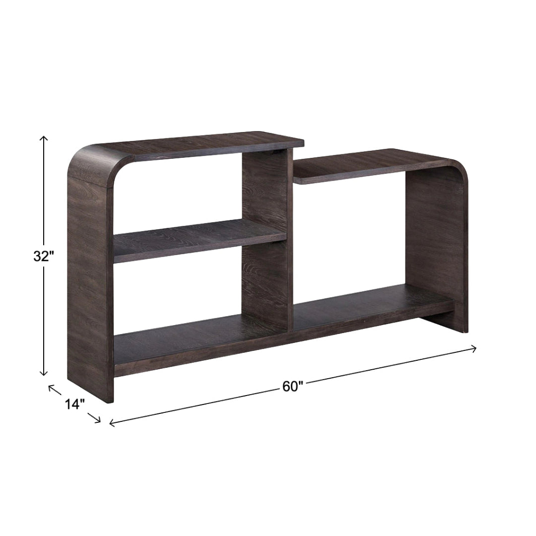 Perspectives sofa table in brown, styled in a room setting
