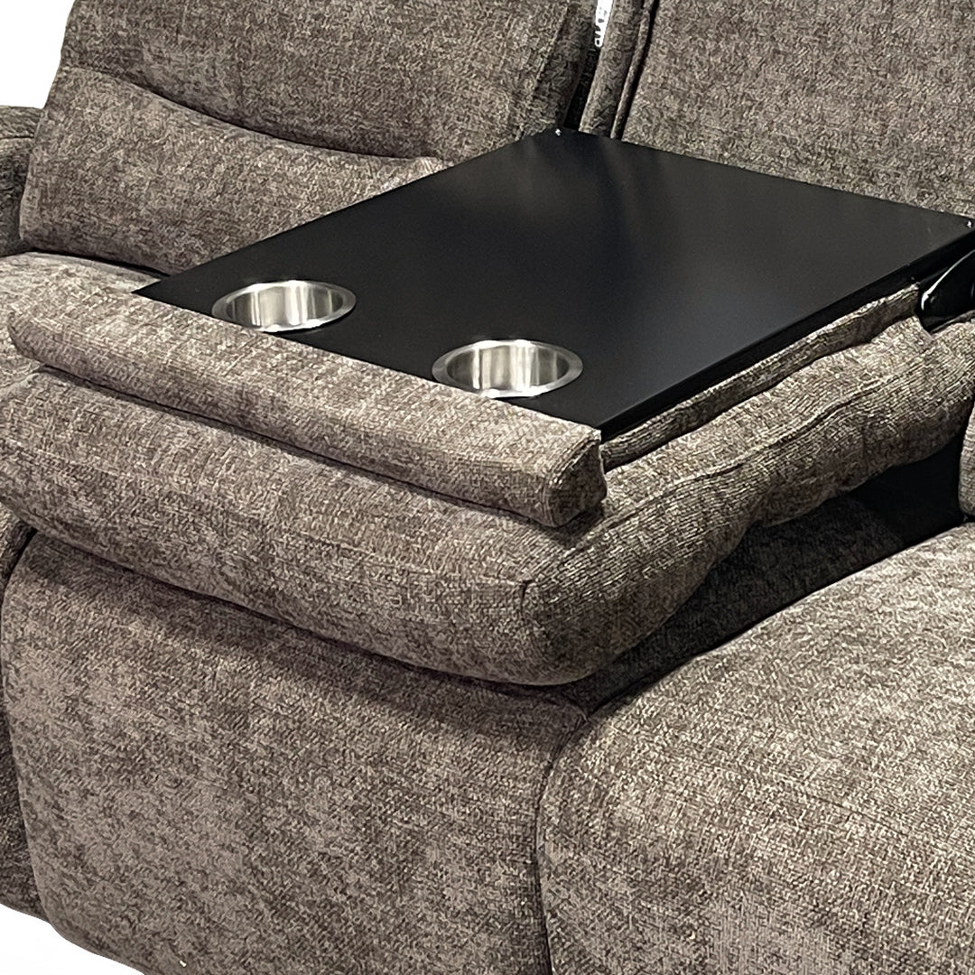 Pontenza Power Reclining Sofa from Washington in Polyester with Cup Holders, Drop Down Table - Reclined position
