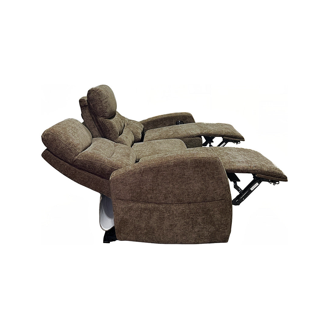 Pontenza Power Reclining Sofa from Washington in Polyester with Cup Holders, Drop Down Table - Reclined position