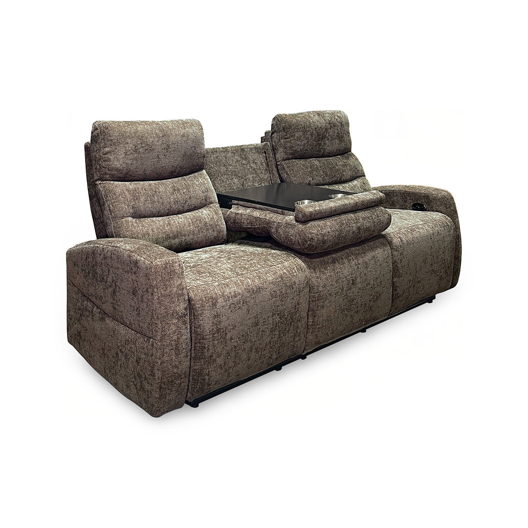Pontenza Power Reclining Sofa from Washington in Polyester with Cup Holders, Drop Down Table - Reclined position