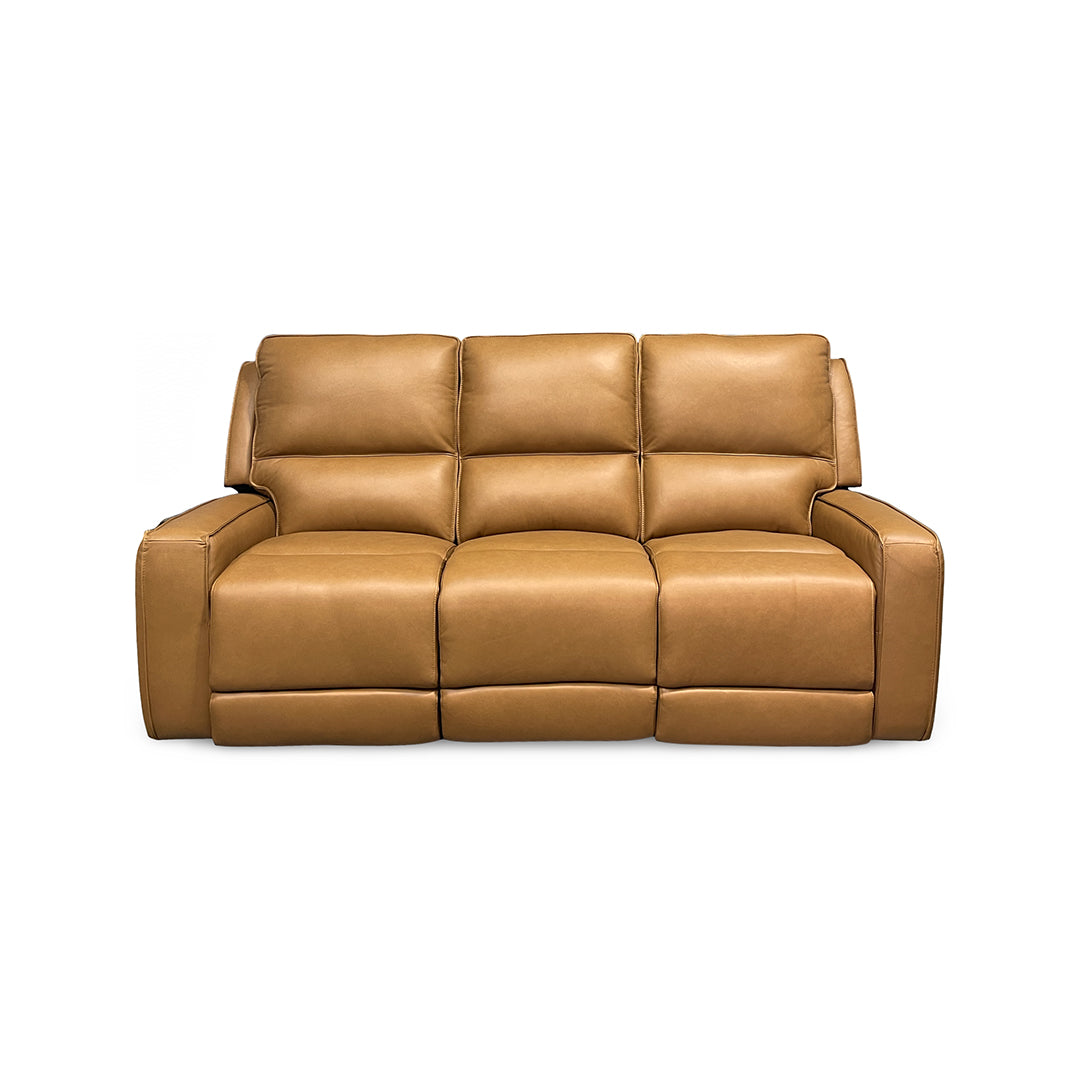 A three-seat power reclining sofa upholstered in tan leather,