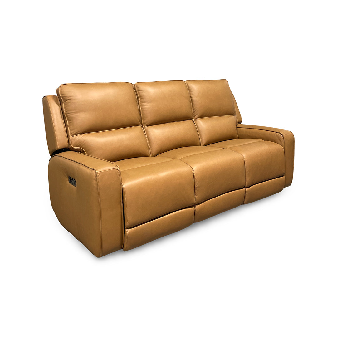 A tan leather reclining loveseat sofa with padded back cushions and wide armrests