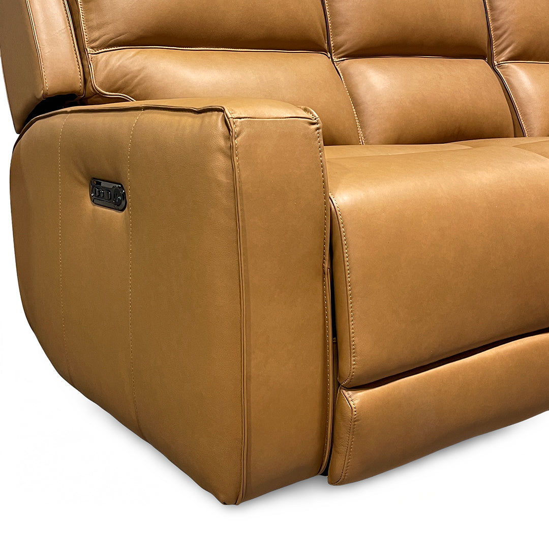 Raymond Leather Zero-G Power Reclining Sofa from Bassett Furniture Industries in Brown with Power Headrest, Power Recline - Reclined position