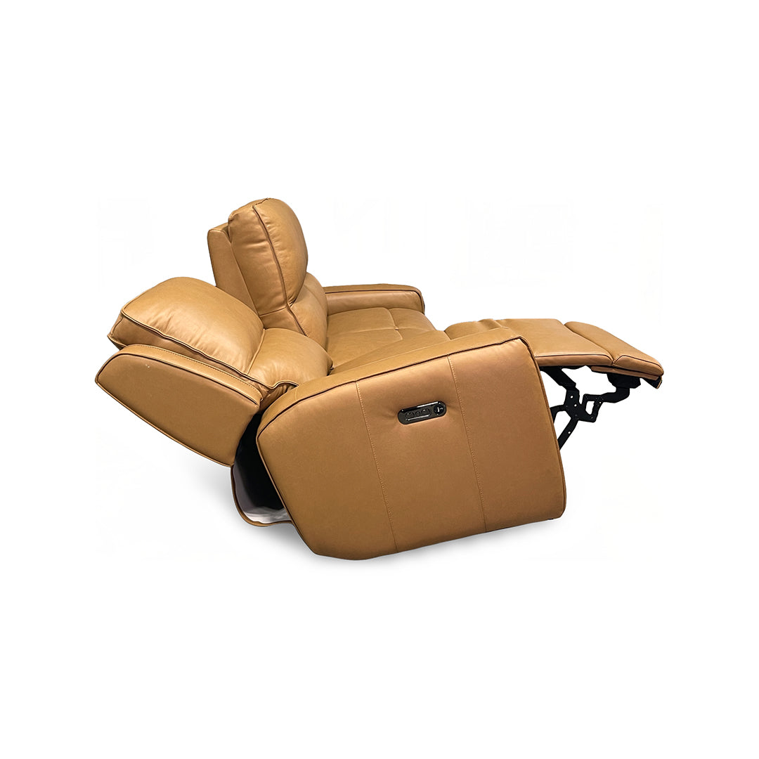 Raymond Leather Zero-G Power Reclining Sofa from Bassett Furniture Industries in Brown with Power Headrest, Power Recline - Reclined position