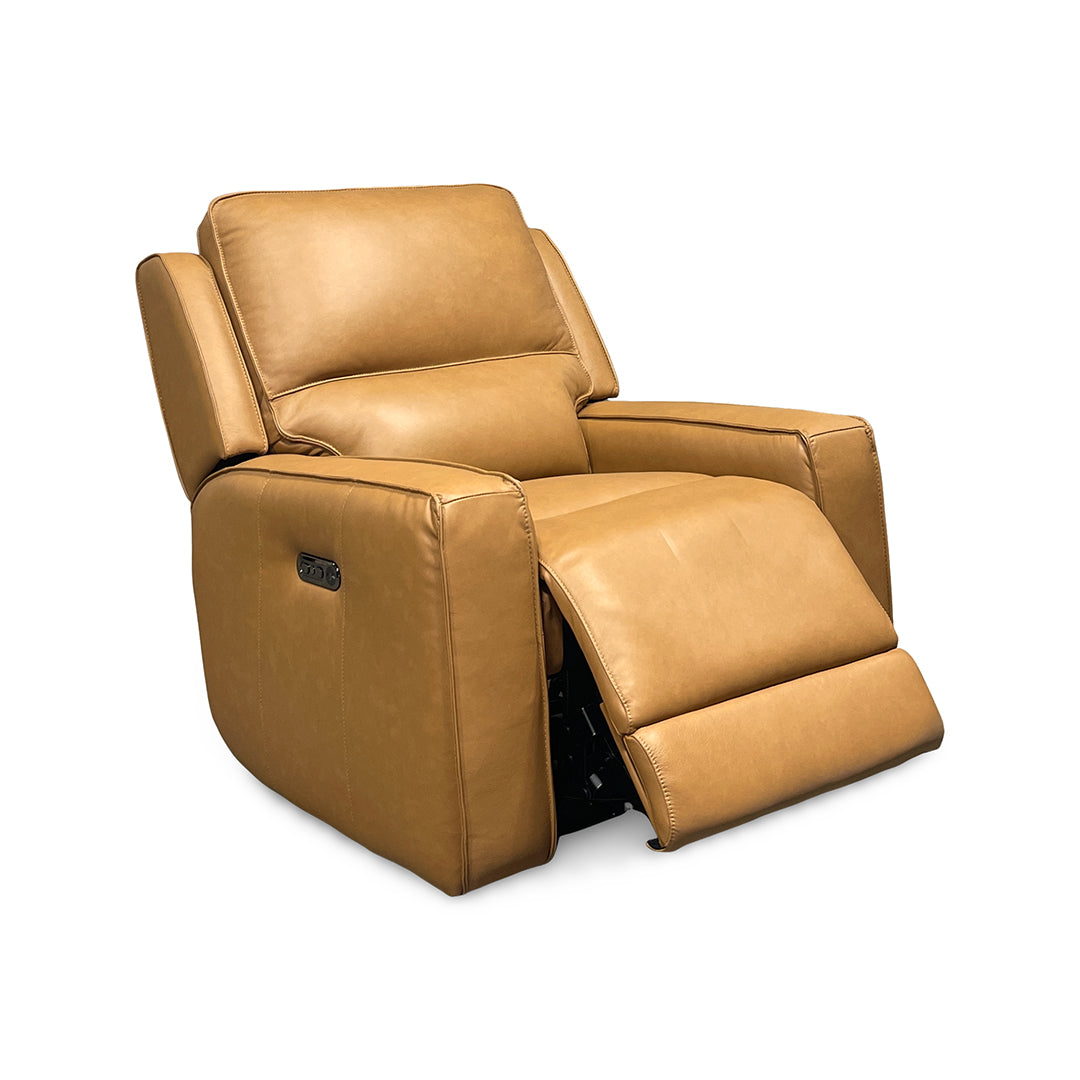 Raymond Leather Zero-G Power Recliner from Bassett Furniture Industries in Brown with Power Headrest, USB Port - Reclined position