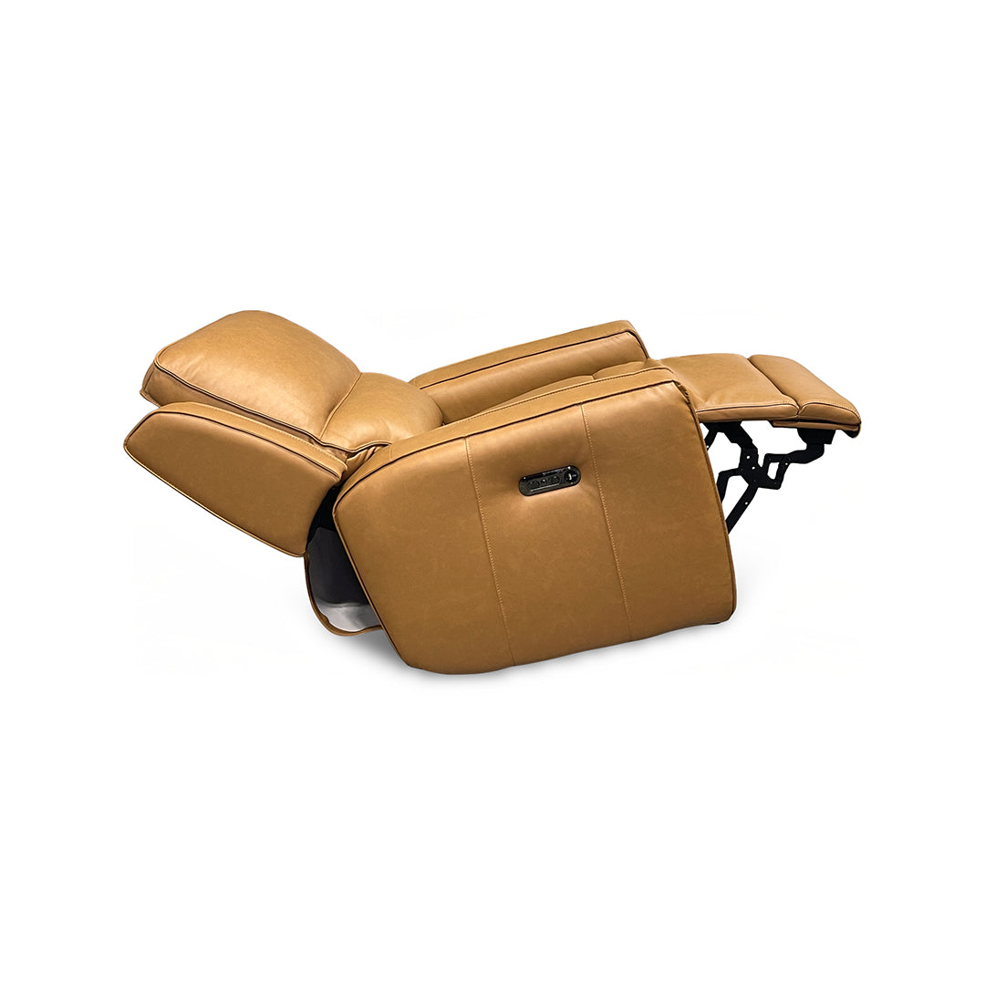 Raymond Leather Zero-G Power Recliner from Bassett Furniture Industries in Brown with Power Headrest, USB Port - Reclined position