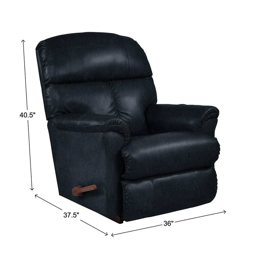 Reed Leather Rocker Recliner from La-Z-Boy Incorporated in Blue, Made in USA - Reclined position