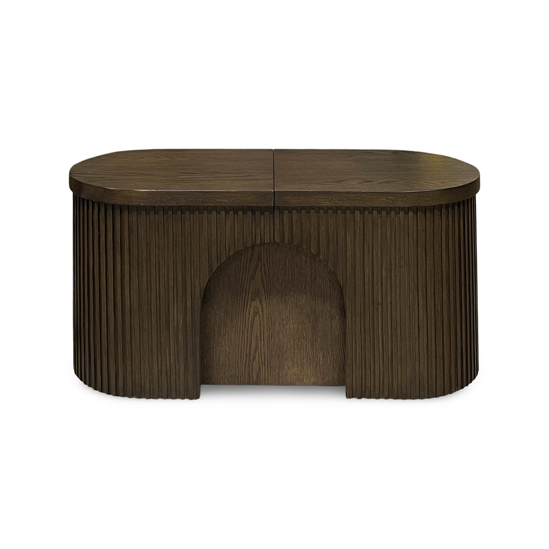 Reeded Flex Expandable Bench from Davis Home in Brown Veneer with Storage, Extension Leaf - Detail view