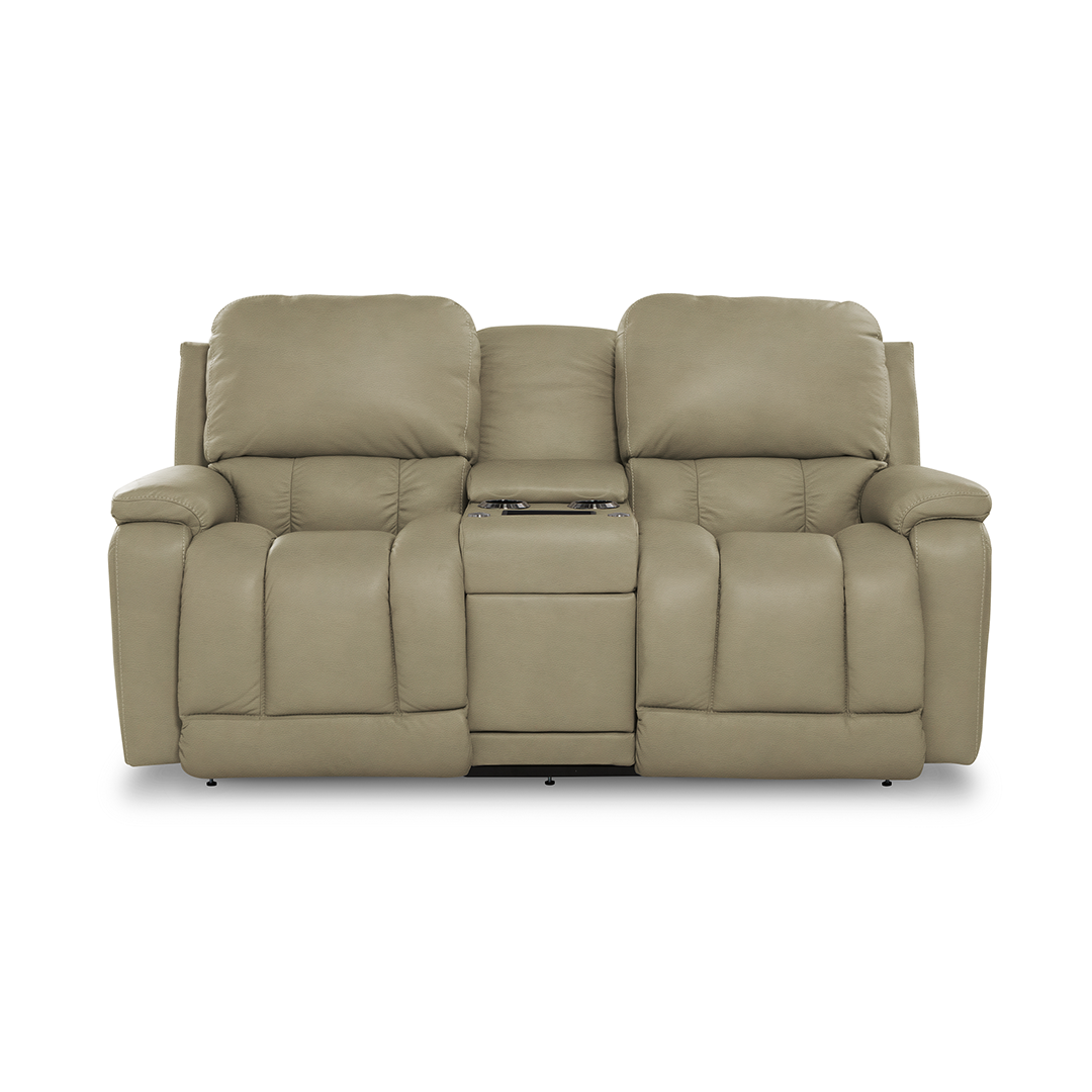 Greyson Leather Power Reclining Loveseat with Console and Wireless Remote from La-Z-Boy Incorporated in Beige, Made in USA - Gray finish