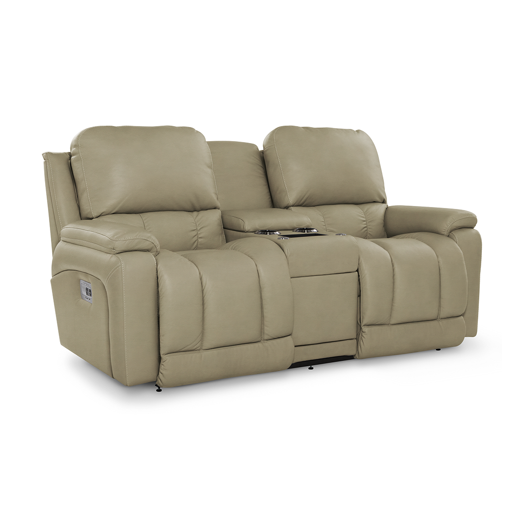 Greyson Leather Power Reclining Loveseat with Console and Wireless Remote from La-Z-Boy Incorporated in Beige, Made in USA - Gray finish