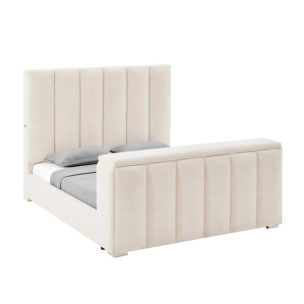 Beige upholstered bed with a tufted headboard on a white background