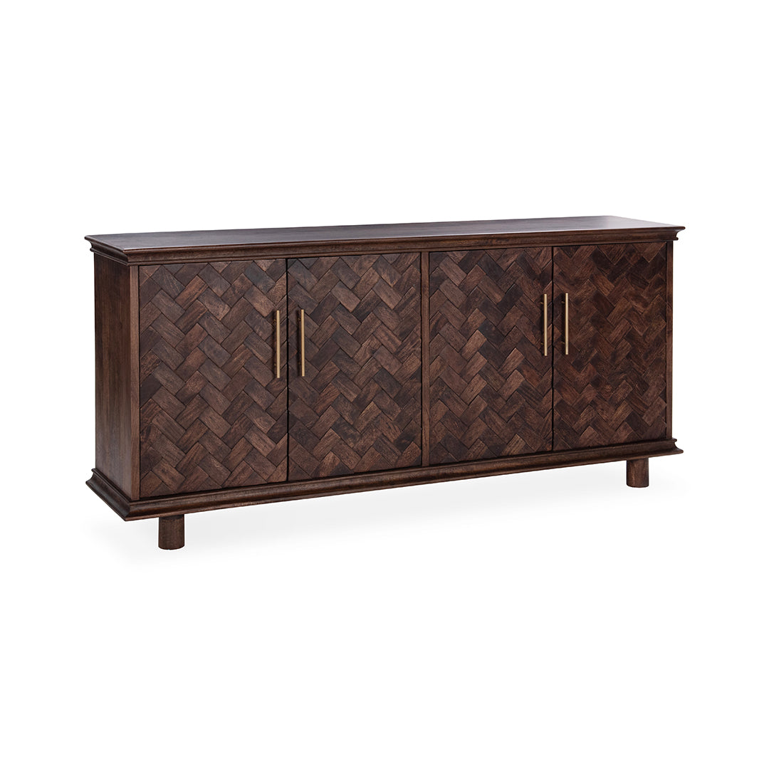 Wooden sideboard with herringbone pattern and gold handles