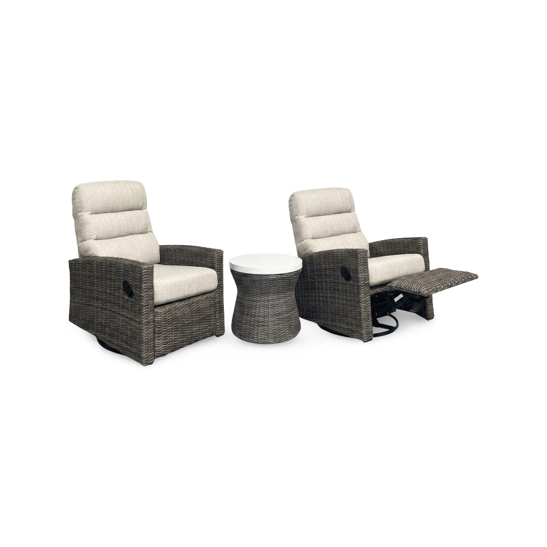 Two recliner chairs with beige cushions and a matching side table on a white background