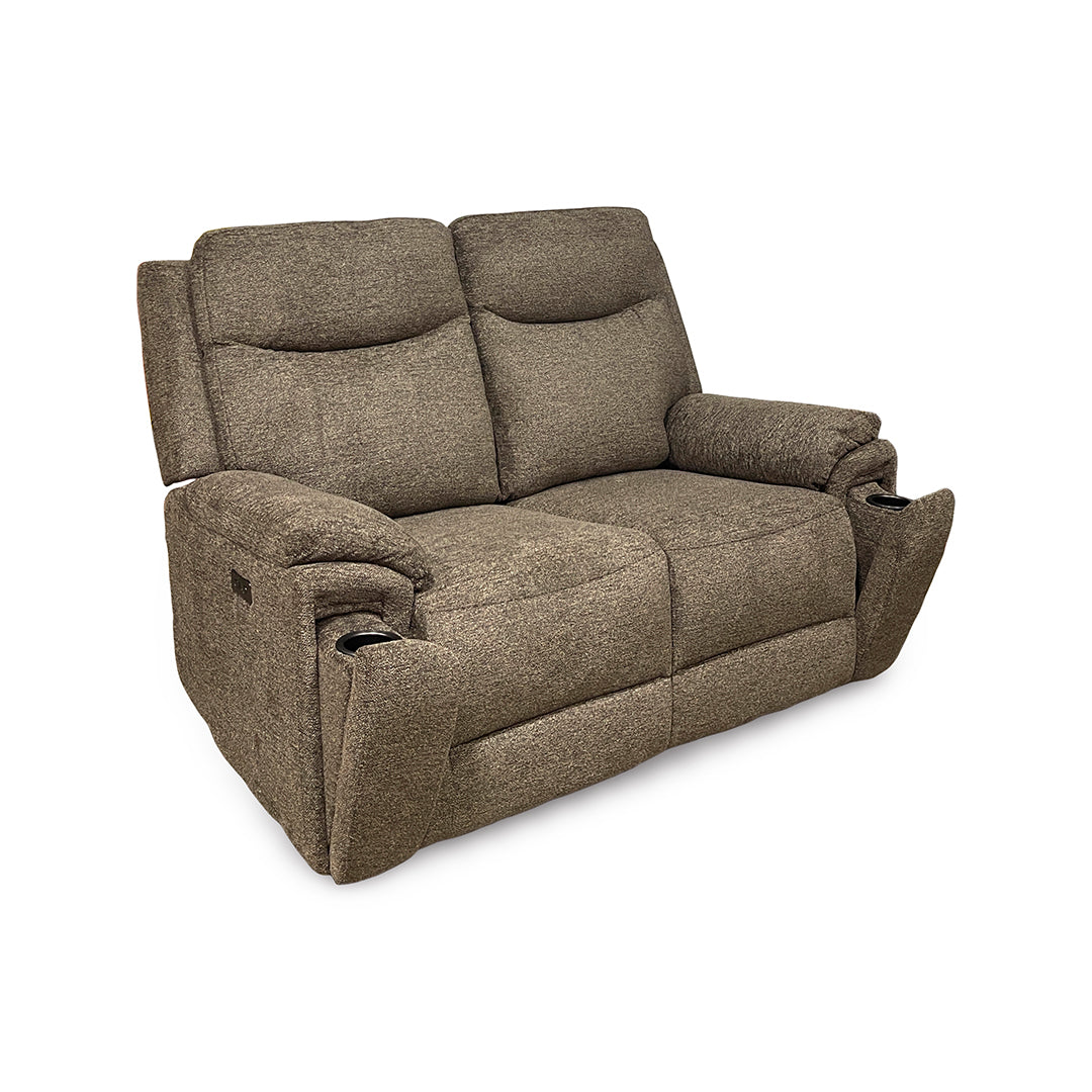 Sahara Power Reclining Loveseat from Cheers in Brown Performance Fabric with Cup Holders, Power Recline - Reclined position