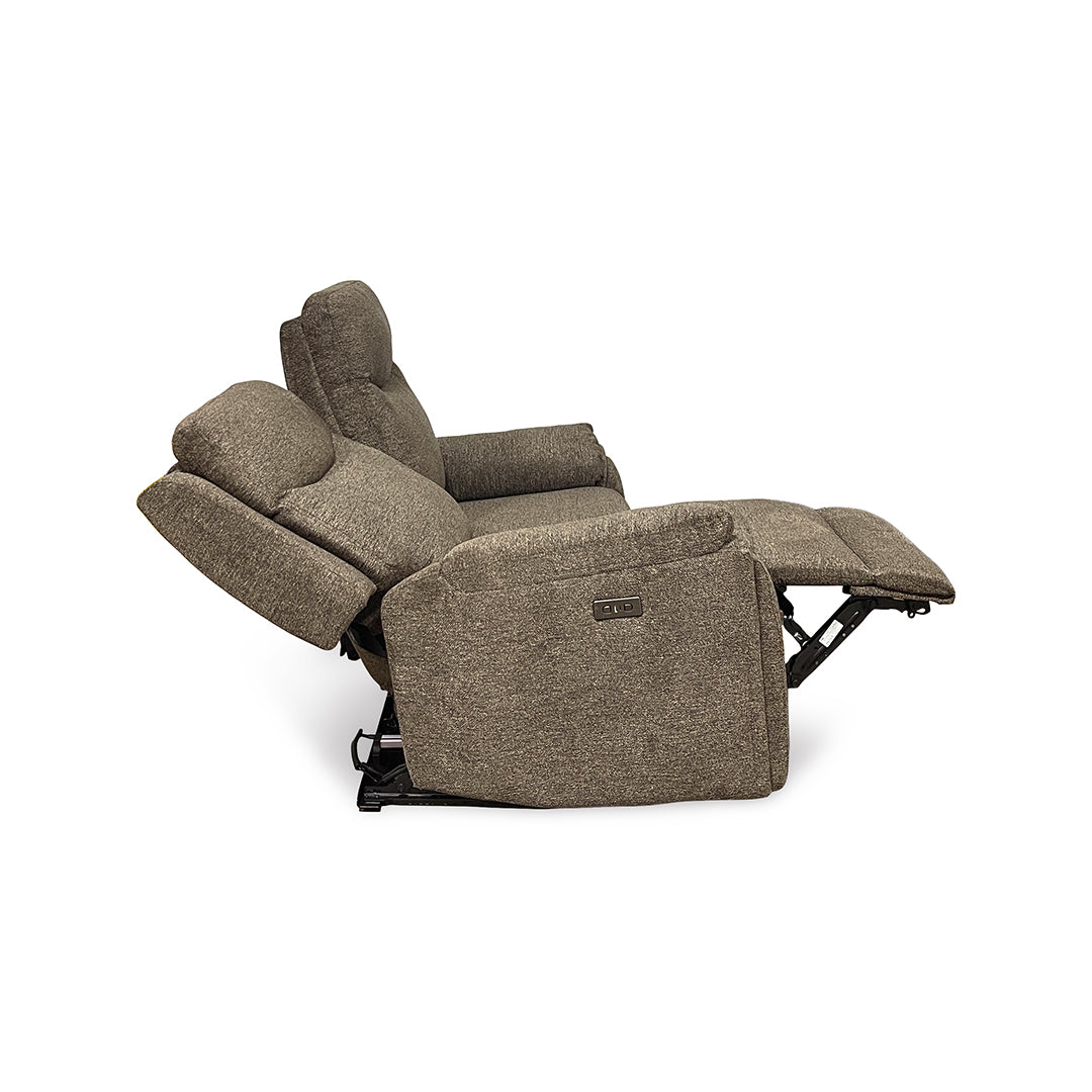 Sahara Power Reclining Loveseat from Cheers in Brown Performance Fabric with Cup Holders, Power Recline - Reclined position