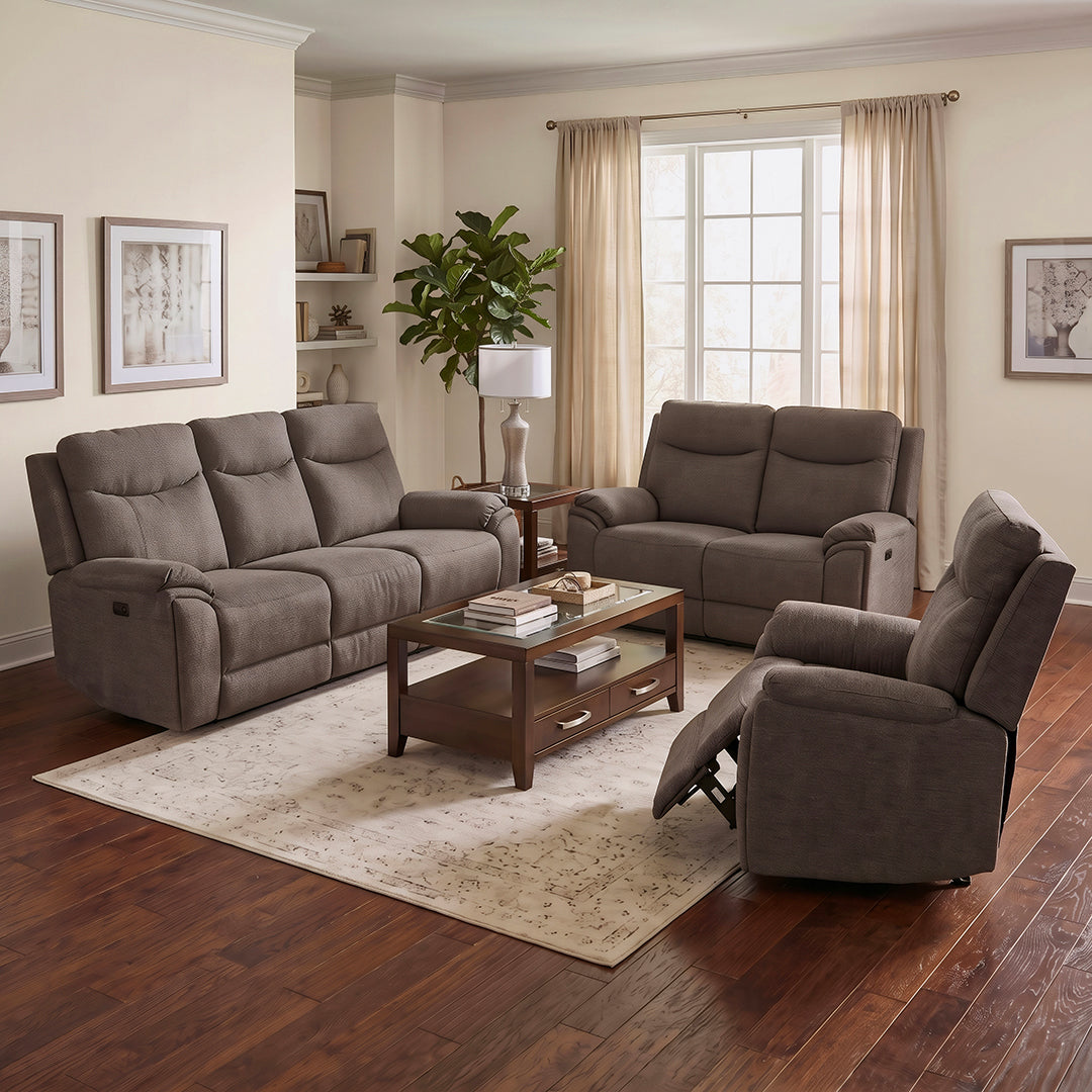 Sahara Power Glider Recliner from Cheers in Brown Performance Fabric with Cup Holders, Power Recline - Reclined position