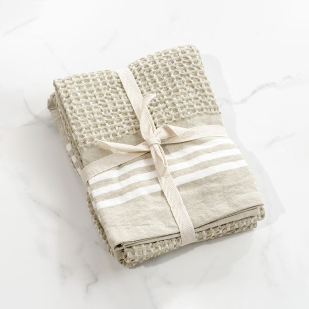 Beige Stripe Waffle Towels (Set of 2)