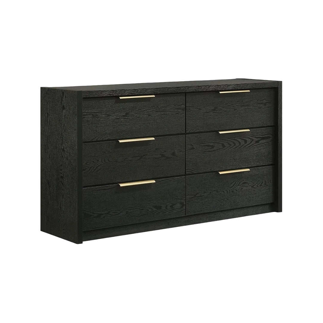 A modern six-drawer dresser in black wood grain with slim gold metal drawer pulls, shown on a plain white background.