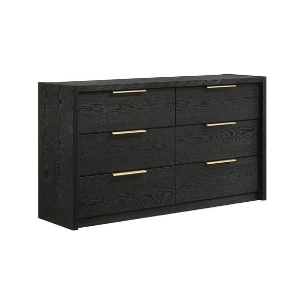 A modern six-drawer dresser in black wood grain with slim gold metal drawer pulls, shown on a plain white background.