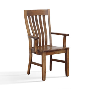 Sutter Mills Arm Chair. Made from solid rustic hickory hardwood in a cappuccino finish. Slatted back with natural lumbar support.  Saddled seat.