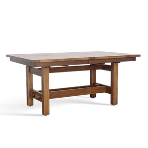 Sutter Mills Trestle Table. Made from solid rustic hickory wood. Self stores two 18 inch leaves. Middle support through the base of the table. Straight Edge finished in cappuccino. 