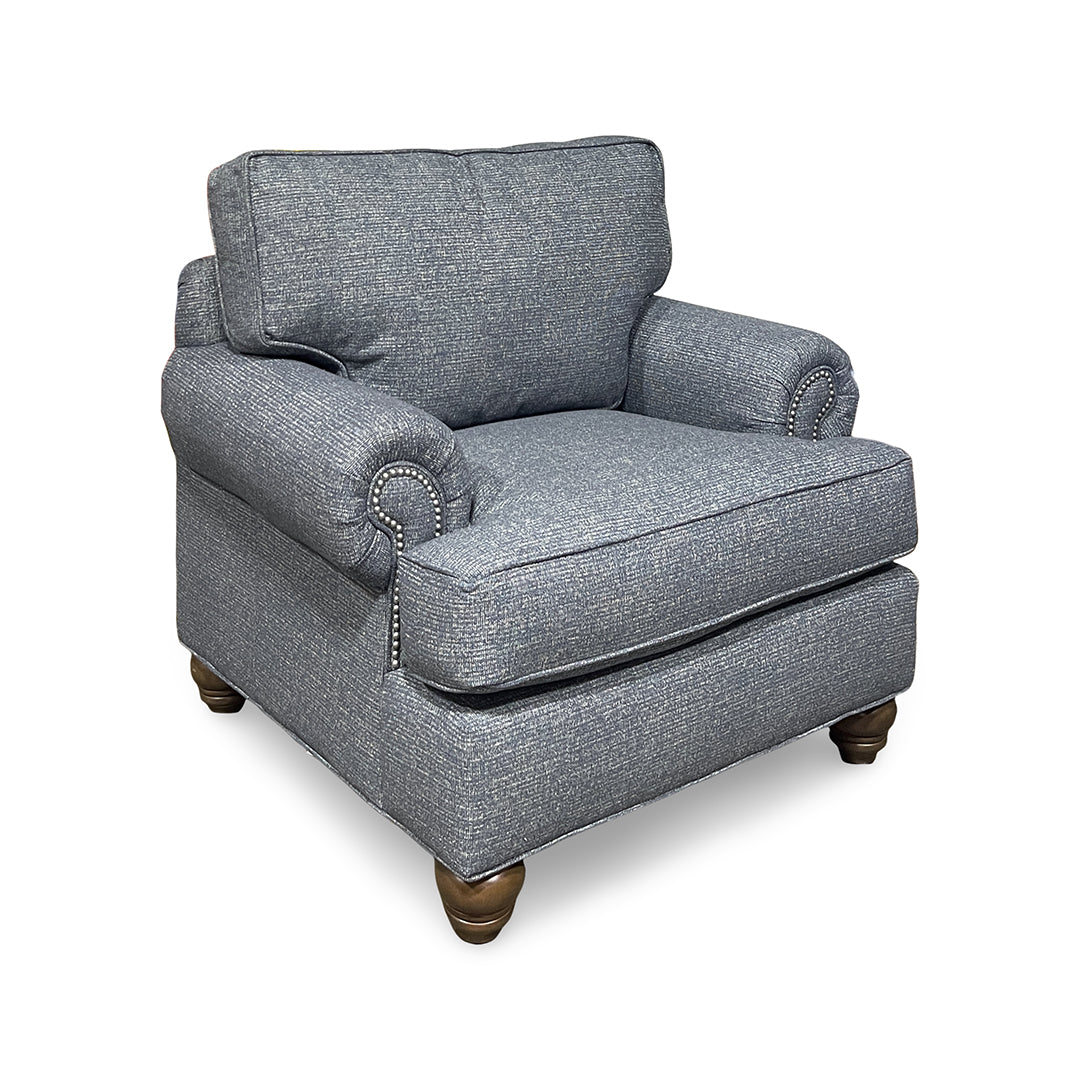Tracy Chair from Hickorycraft (Craftmaster) in Blue Polyester with Nailhead Trim, Reversible Cushions, Made in USA