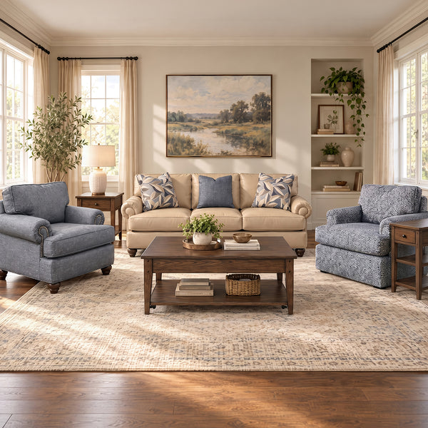 Tracy Leather Sofa from Hickorycraft (Craftmaster) in Beige, Made in USA - Room setting