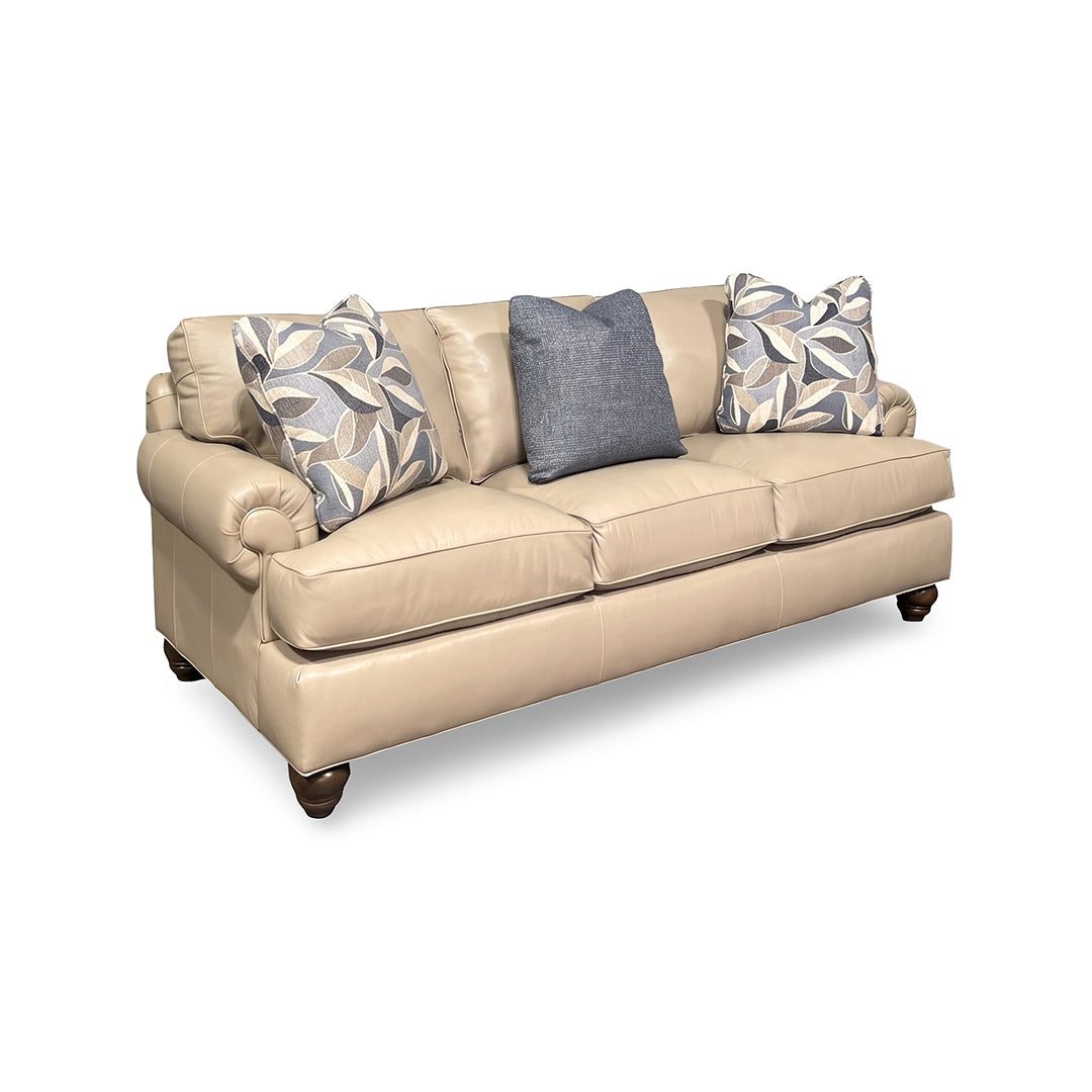 Tracy Leather Sofa from Hickorycraft (Craftmaster) in Beige with Accent Pillows, Hardwood Frame, Made in USA - Overhead view