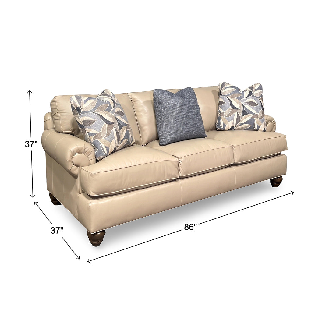 Tracy Leather Sofa from Hickorycraft (Craftmaster) in Beige with Accent Pillows, Hardwood Frame, Made in USA - Overhead view