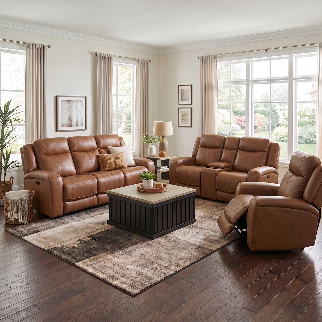 Tranquility Leather Power Reclining Console Loveseat from Cheers in Brown with Cup Holders, Power Recline - Reclined position