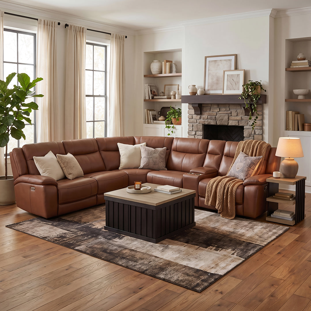 Tranquility Leather Power Reclining Sectional (6-Piece) from Cheers - Brown finish