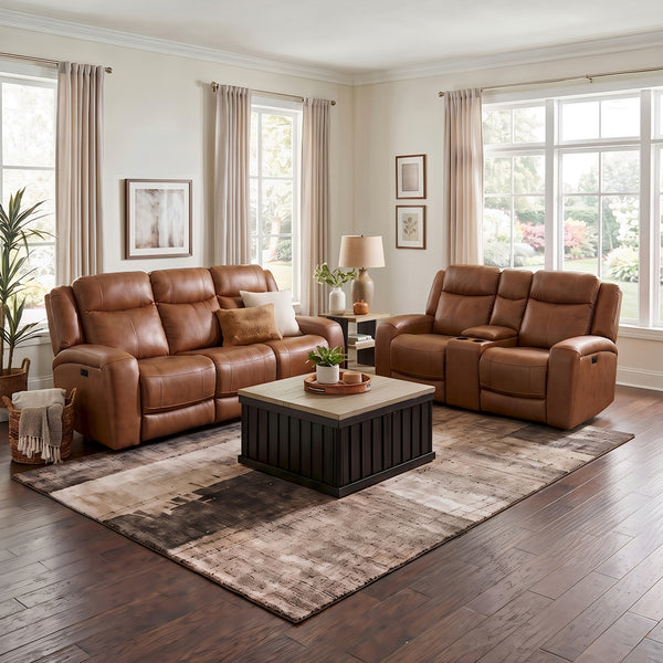 Tranquility Leather Power Reclining Console Loveseat from Cheers in Brown - Brown finish