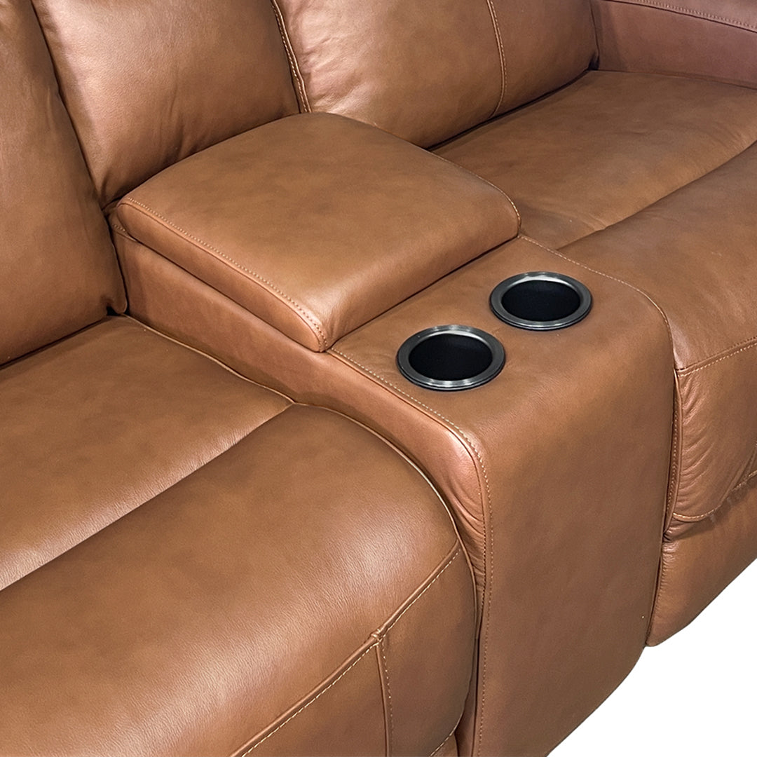 Tranquility Leather Power Reclining Console Loveseat from Cheers in Brown with Cup Holders, Power Recline - Leather detail