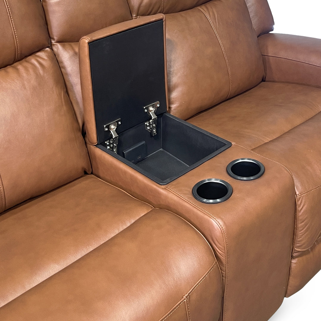Tranquility Leather Power Reclining Console Loveseat from Cheers in Brown with Cup Holders, Power Recline - Leather detail
