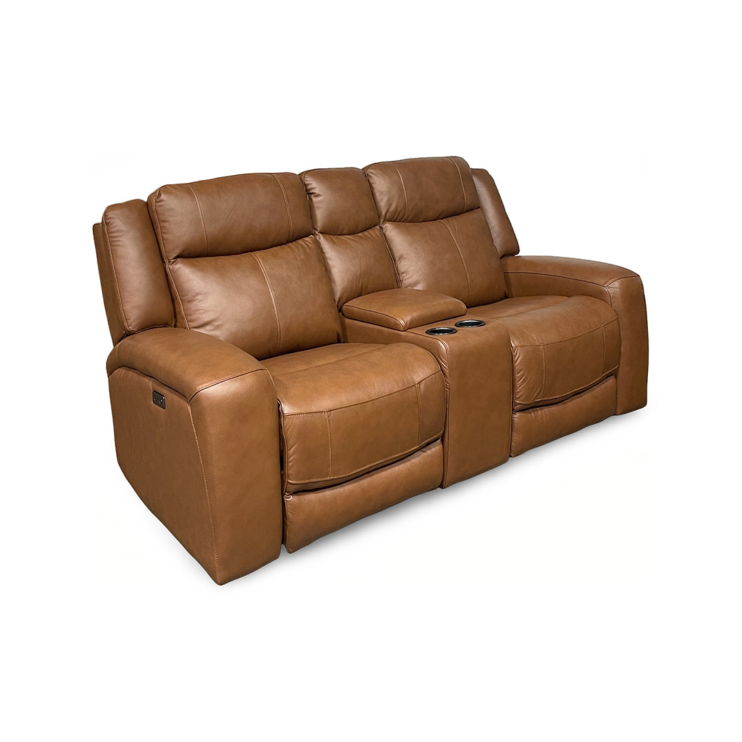 Tranquility Leather Power Reclining Console Loveseat from Cheers in Brown with Cup Holders, Power Recline - Leather detail