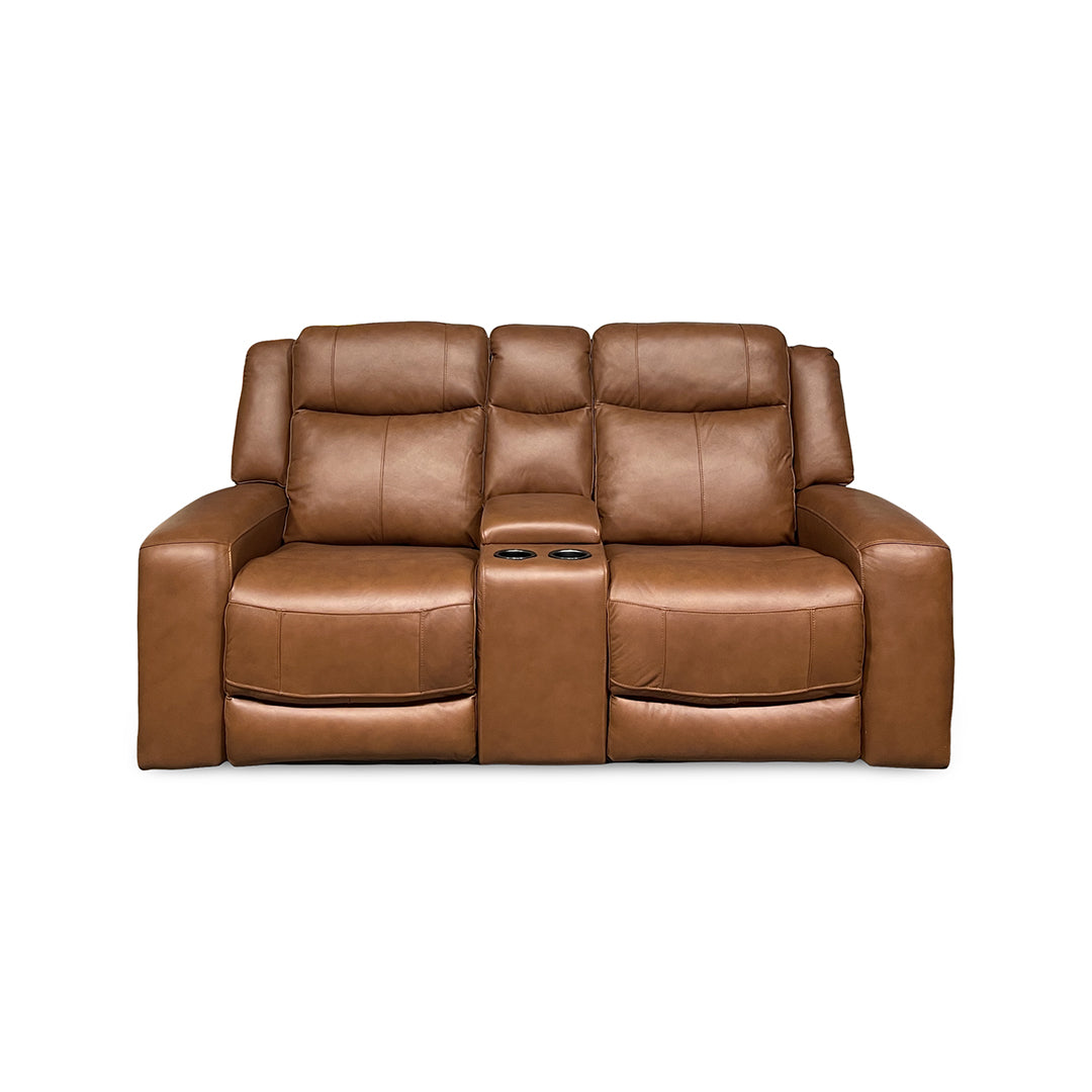 Tranquility Leather Power Reclining Console Loveseat from Cheers in Brown with Cup Holders, Power Recline - Leather detail