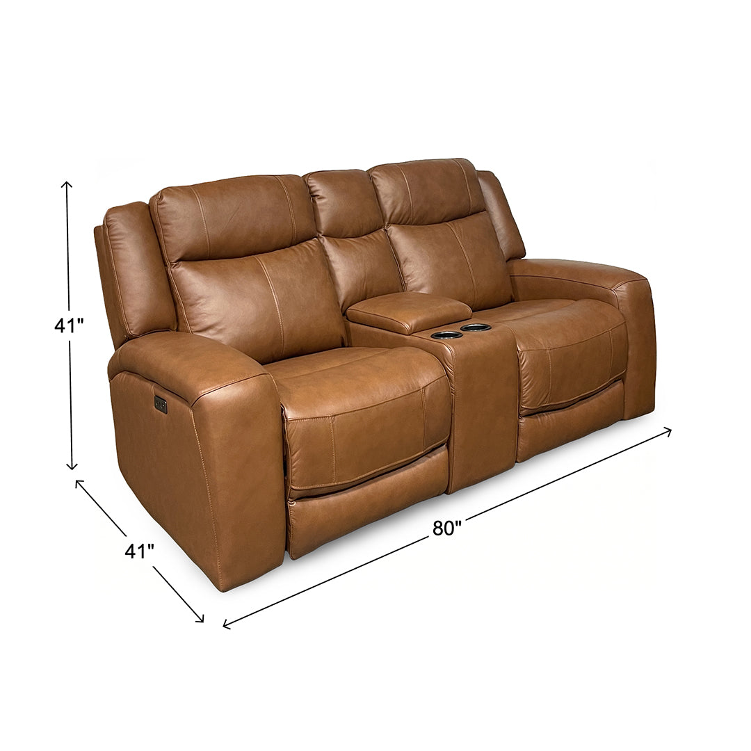 Tranquility Leather Power Reclining Console Loveseat from Cheers in Brown with Cup Holders, Power Recline - Leather detail